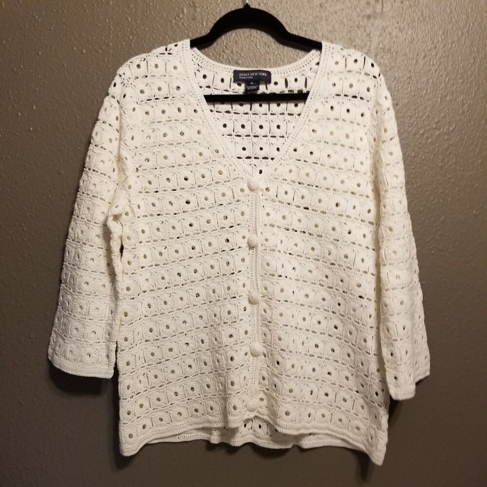 Jones New York L Cardigan Crochet Mercerized 100% Cotton Heavy White Cottagecore